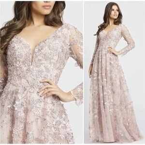 Mac Duggal Pink Floral Applique Illusion Long Sleeve Maxi Long Gown 70224 Size 6